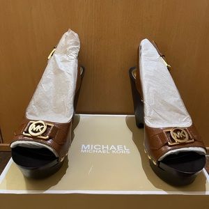 Brown with gold detail Michael Kors sling back wedge